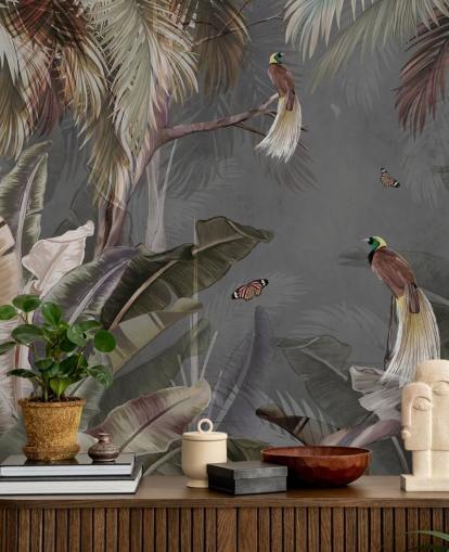 peinture murale grise de la jungle appelée Jungle Birds and Butterflies Grey chez Wallsauce pour les salles de bain, les cuisines et les salons
