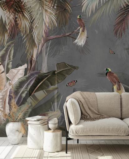 Graues Dschungel-Wandbild namens Jungle Birds and Butterflies Grey at Wallsauce für Badezimmer, Küchen und Wohnzimmer