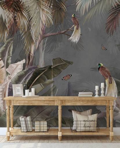 gray jungle wall mural called Jungle Birds and Butterflies Gray at Wallsauce for bathrooms, kitchens and living rooms