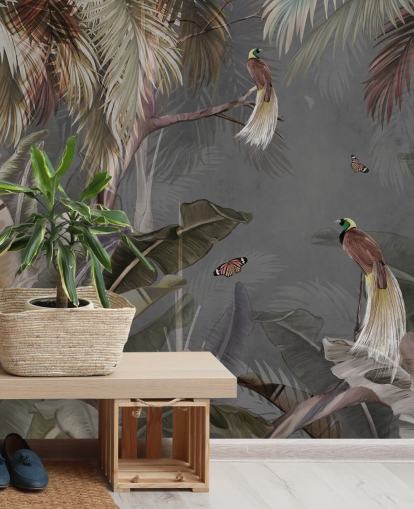 mural de parede cinza da selva chamado Jungle Birds and Butterflies Grey at Wallsauce para banheiros, cozinhas e salas de estar