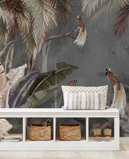 grå jungle vægmaleri kaldet Jungle Birds and Butterflies Grey på Wallsauce til badeværelser, køkkener og stuer