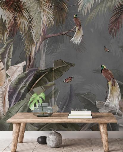 murale con giungla grigia chiamato Jungle Birds and Butterflies Grey at Wallsauce per bagni, cucine e salotti