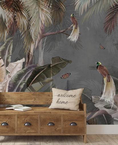 Graues Dschungel-Wandbild namens Jungle Birds and Butterflies Grey at Wallsauce für Badezimmer, Küchen und Wohnzimmer