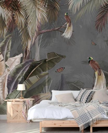 Graues Dschungel-Wandbild namens Jungle Birds and Butterflies Grey at Wallsauce für Badezimmer, Küchen und Wohnzimmer