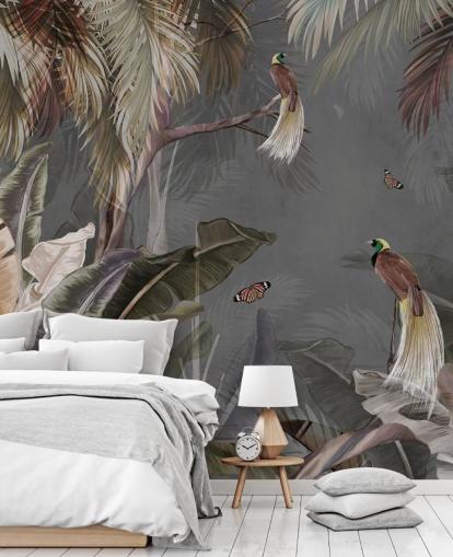 grey jungle wall mural called Jungle Birds and Butterflies Grey at Wallsauce for bathrooms, kitchens and living rooms