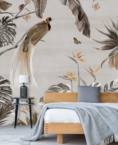 carta da parati murale con giungla bianca chiamata Jungle Birds and Butterflies White at Wallsauce per camere da letto, sale da pranzo e bagni