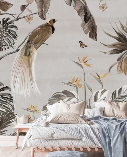mural de papel pintado blanco de la jungla llamado Jungle Birds and Butterflies White at Wallsauce para dormitorios, comedores y baños