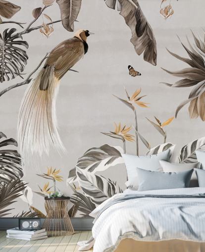 carta da parati murale con giungla bianca chiamata Jungle Birds and Butterflies White at Wallsauce per camere da letto, sale da pranzo e bagni