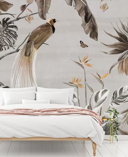 mural de papel de parede branco da selva chamado Jungle Birds and Butterflies White at Wallsauce para quartos, salas de jantar e banheiros