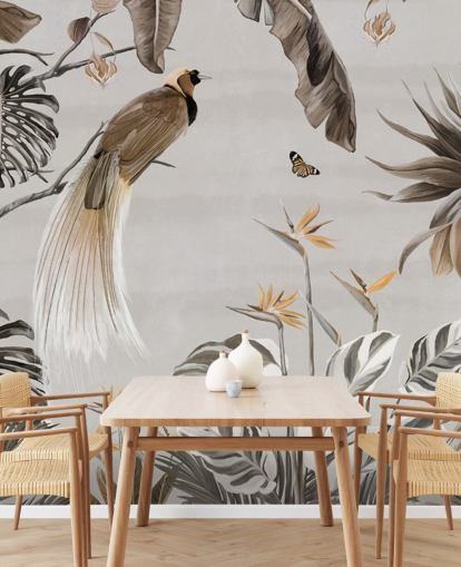 mural de papel pintado blanco de la jungla llamado Jungle Birds and Butterflies White at Wallsauce para dormitorios, comedores y baños