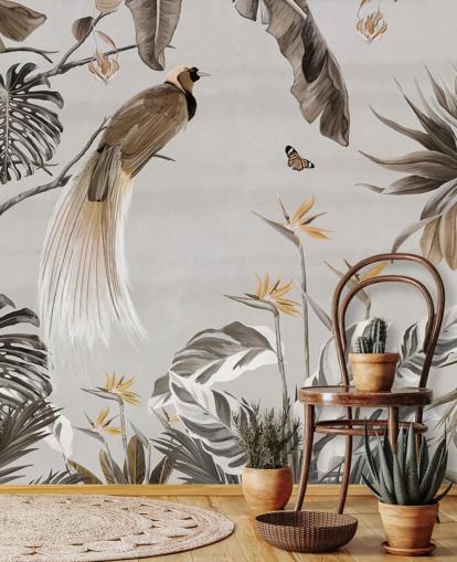 carta da parati murale con giungla bianca chiamata Jungle Birds and Butterflies White at Wallsauce per camere da letto, sale da pranzo e bagni