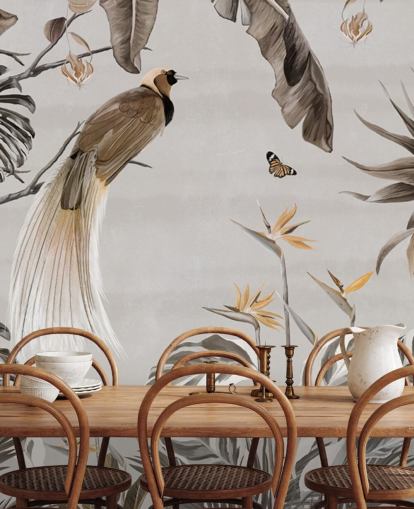 carta da parati murale con giungla bianca chiamata Jungle Birds and Butterflies White at Wallsauce per camere da letto, sale da pranzo e bagni