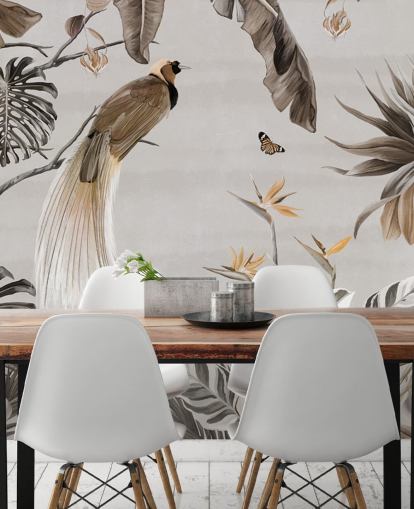 mural de papel de parede branco da selva chamado Jungle Birds and Butterflies White at Wallsauce para quartos, salas de jantar e banheiros