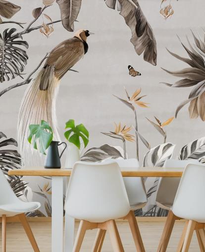 white jungle wallpaper mural called Jungle Birds and Butterflies White at Wallsauce for bedrooms, dining rooms and bathrooms