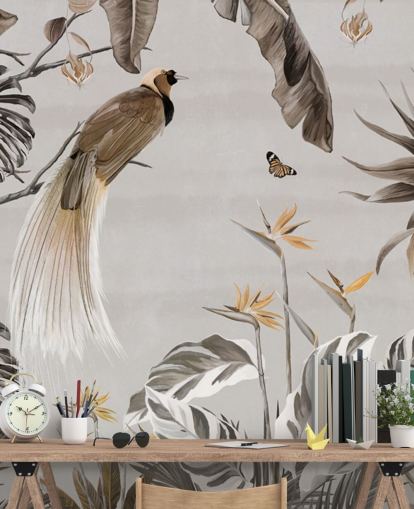 hvitt jungel tapetmaleri kalt Jungle Birds and Butterflies White på Wallsauce for soverom, spiserom og bad