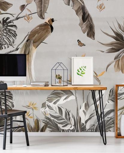 papier peint mural de la jungle blanche appelé Jungle Birds and Butterflies White at Wallsauce pour les chambres, les salles à manger et les salles de bain
