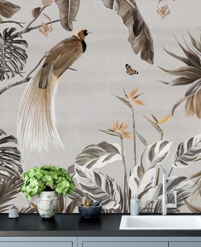 white jungle wallpaper mural called Jungle Birds and Butterflies White at Wallsauce for bedrooms, dining rooms and bathrooms