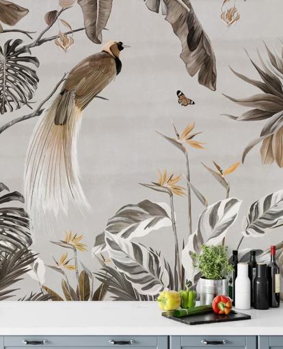 white jungle wallpaper mural called Jungle Birds and Butterflies White at Wallsauce for bedrooms, dining rooms and bathrooms