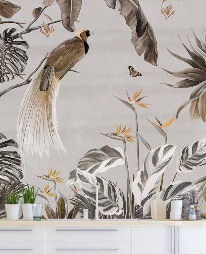 carta da parati murale con giungla bianca chiamata Jungle Birds and Butterflies White at Wallsauce per camere da letto, sale da pranzo e bagni