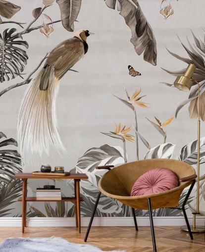 witte jungle behangmuurschildering genaamd Jungle Birds and Butterflies White at Wallsauce voor slaapkamers, eetkamers en badkamers witte jungle behangmuurschildering genaamd Jungle Birds and Butterflies White at Wallsauce voor slaapkamers, eetkamers en badkamers