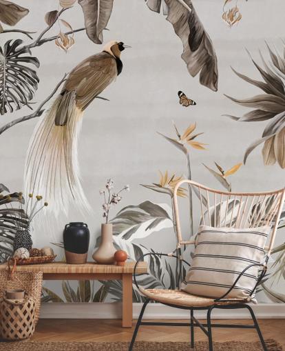 white jungle wallpaper mural called Jungle Birds and Butterflies White at Wallsauce for bedrooms, dining rooms and bathrooms