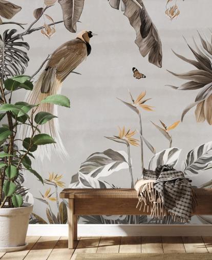 white jungle wallpaper mural called Jungle Birds and Butterflies White at Wallsauce for bedrooms, dining rooms and bathrooms