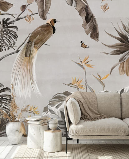 white jungle wallpaper mural called Jungle Birds and Butterflies White at Wallsauce for bedrooms, dining rooms and bathrooms
