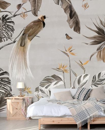 valkoinen viidakon taustakuvamaalaus nimeltä Jungle Birds and Butterflies White Wallsaucessa makuuhuoneisiin, ruokasaleihin ja kylpyhuoneisiin