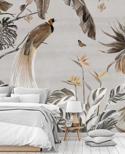 vit djungel tapetväggmålning som heter Jungle Birds and Butterflies White på Wallsauce för sovrum, matsalar och badrum