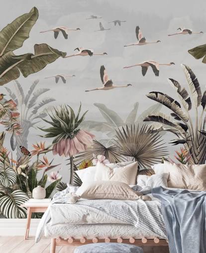 grå flamingo tapetväggmålning som heter Jungle Flamingo Flamboyance Grey på Wallsauce för hallar och hemmakontor grå flamingo tapetväggmålning som heter Jungle Flamingo Flamboyance Grey på Wallsauce för hallar och hemmakontor