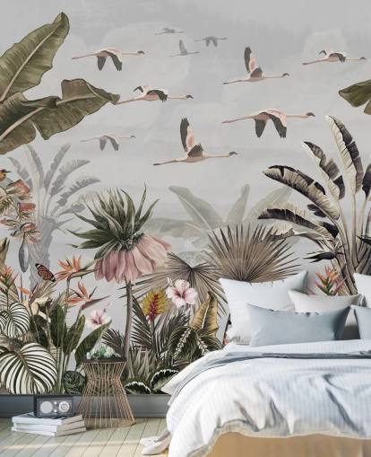harmaa flamingo-taustakuvamaalaus nimeltä Jungle Flamingo Flamboyance Grey Wallsaucessa käytäville ja kotitoimistoille harmaa flamingo-taustakuvamaalaus nimeltä Jungle Flamingo Flamboyance Grey Wallsaucessa käytäville ja kotitoimistoille
