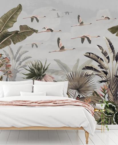 carta da parati murale con fenicotteri grigi chiamata Jungle Flamingo Flamboyance Grey at Wallsauce per corridoi e uffici domestici