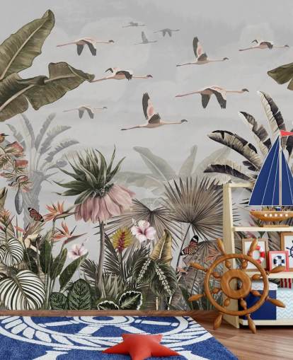 gray flamingo wallpaper mural called Jungle Flamingo Flamboyance Gray at Wallsauce for hallways and home offices