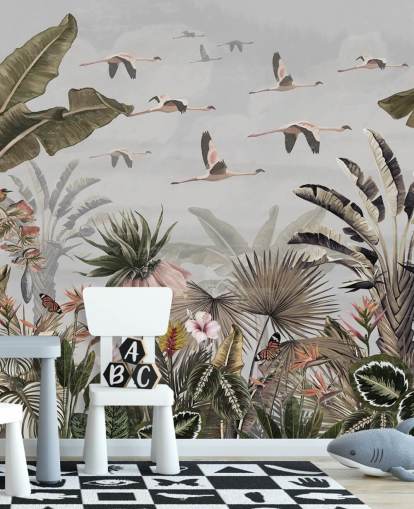 Graues Flamingo-Tapeten-Wandbild namens Jungle Flamingo Flamboyance Grey in Wallsauce für Flure und Heimbüros Graues Flamingo-Tapeten-Wandbild namens Jungle Flamingo Flamboyance Grey in Wallsauce für Flure und Heimbüros