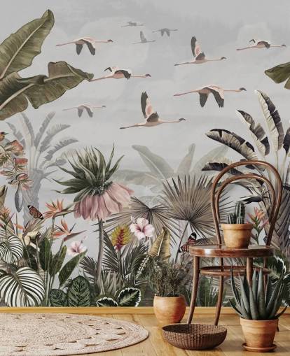 grå flamingo tapetmaleri kalt Jungle Flamingo Flamboyance Grey på Wallsauce for ganger og hjemmekontorer