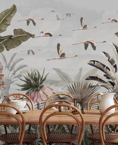 Graues Flamingo-Tapeten-Wandbild namens Jungle Flamingo Flamboyance Grey in Wallsauce für Flure und Heimbüros Graues Flamingo-Tapeten-Wandbild namens Jungle Flamingo Flamboyance Grey in Wallsauce für Flure und Heimbüros