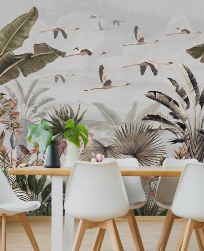 Graues Flamingo-Tapeten-Wandbild namens Jungle Flamingo Flamboyance Grey in Wallsauce für Flure und Heimbüros
