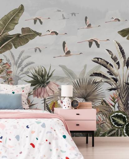 grey flamingo wallpaper mural called Jungle Flamingo Flamboyance Grey at Wallsauce for hallways and home offices