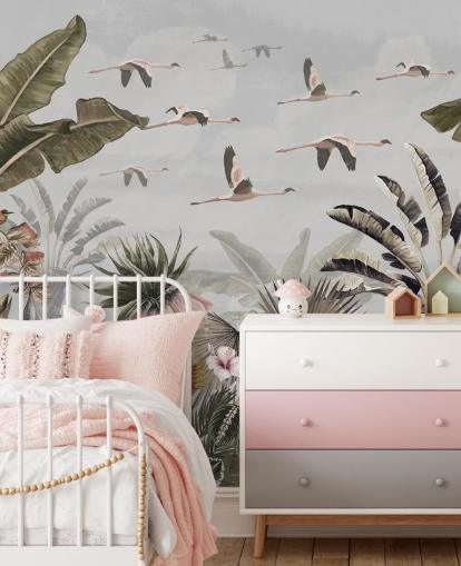 papier peint mural en forme de flamant rose appelé Jungle Flamingo Flamboyance Grey chez Wallsauce pour les couloirs et les bureaux à domicile