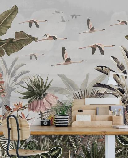 grå flamingo tapetmaleri kalt Jungle Flamingo Flamboyance Grey på Wallsauce for ganger og hjemmekontorer