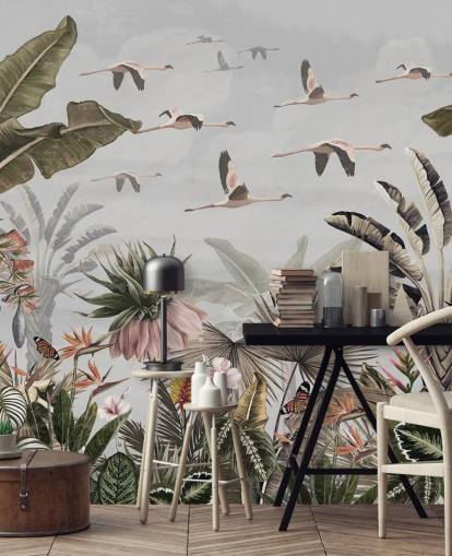grey flamingo wallpaper mural called Jungle Flamingo Flamboyance Grey at Wallsauce for hallways and home offices
