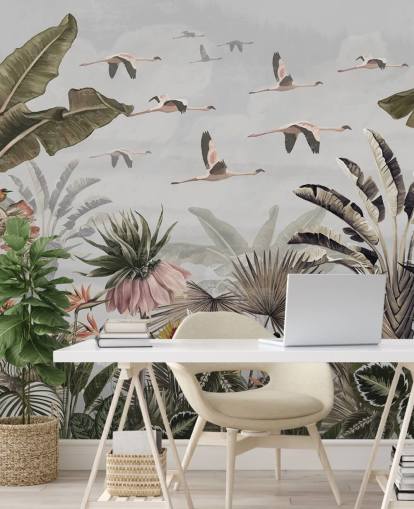 mural de papel pintado de flamencos grises llamado Jungle Flamingo Flamboyance Grey at Wallsauce para pasillos y oficinas en casa