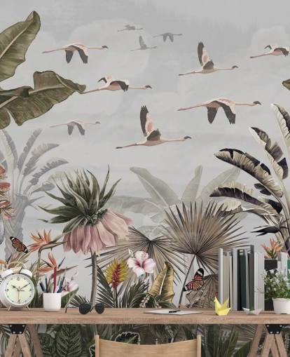 Graues Flamingo-Tapeten-Wandbild namens Jungle Flamingo Flamboyance Grey in Wallsauce für Flure und Heimbüros