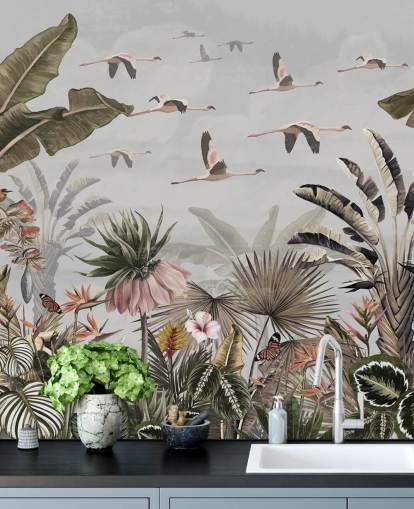 grey flamingo wallpaper mural called Jungle Flamingo Flamboyance Grey at Wallsauce for hallways and home offices