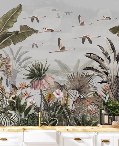 gray flamingo wallpaper mural called Jungle Flamingo Flamboyance Gray at Wallsauce for hallways and home offices