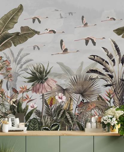 Graues Flamingo-Tapeten-Wandbild namens Jungle Flamingo Flamboyance Grey in Wallsauce für Flure und Heimbüros