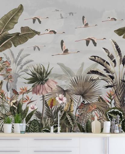 harmaa flamingo-taustakuvamaalaus nimeltä Jungle Flamingo Flamboyance Grey Wallsaucessa käytäville ja kotitoimistoille harmaa flamingo-taustakuvamaalaus nimeltä Jungle Flamingo Flamboyance Grey Wallsaucessa käytäville ja kotitoimistoille