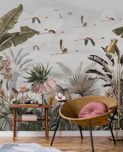 grå flamingo tapetmaleri kalt Jungle Flamingo Flamboyance Grey på Wallsauce for ganger og hjemmekontorer grå flamingo tapetmaleri kalt Jungle Flamingo Flamboyance Grey på Wallsauce for ganger og hjemmekontorer