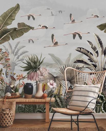 harmaa flamingo-taustakuvamaalaus nimeltä Jungle Flamingo Flamboyance Grey Wallsaucessa käytäville ja kotitoimistoille harmaa flamingo-taustakuvamaalaus nimeltä Jungle Flamingo Flamboyance Grey Wallsaucessa käytäville ja kotitoimistoille