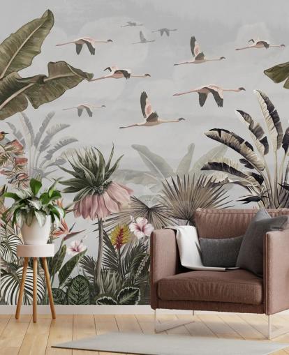 grey flamingo wallpaper mural called Jungle Flamingo Flamboyance Grey at Wallsauce for hallways and home offices